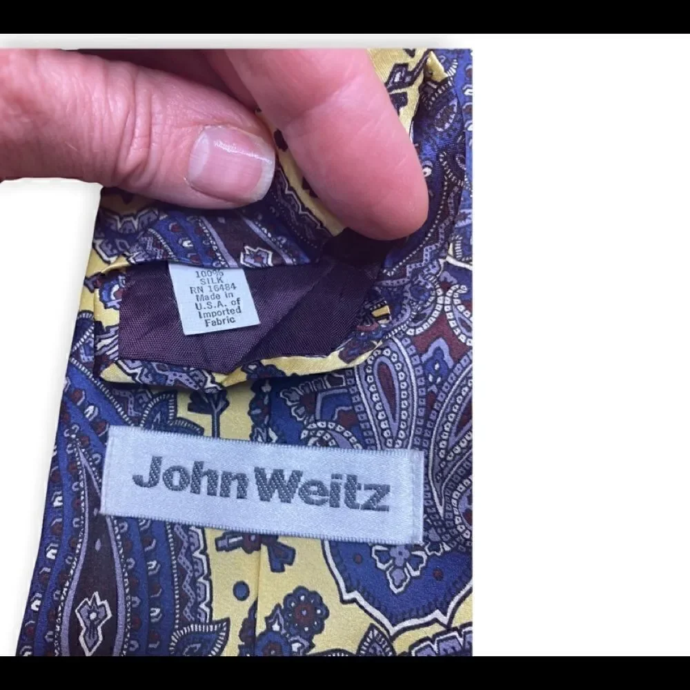 John Weitz 100% silk tie yellow with blue paisley pattern